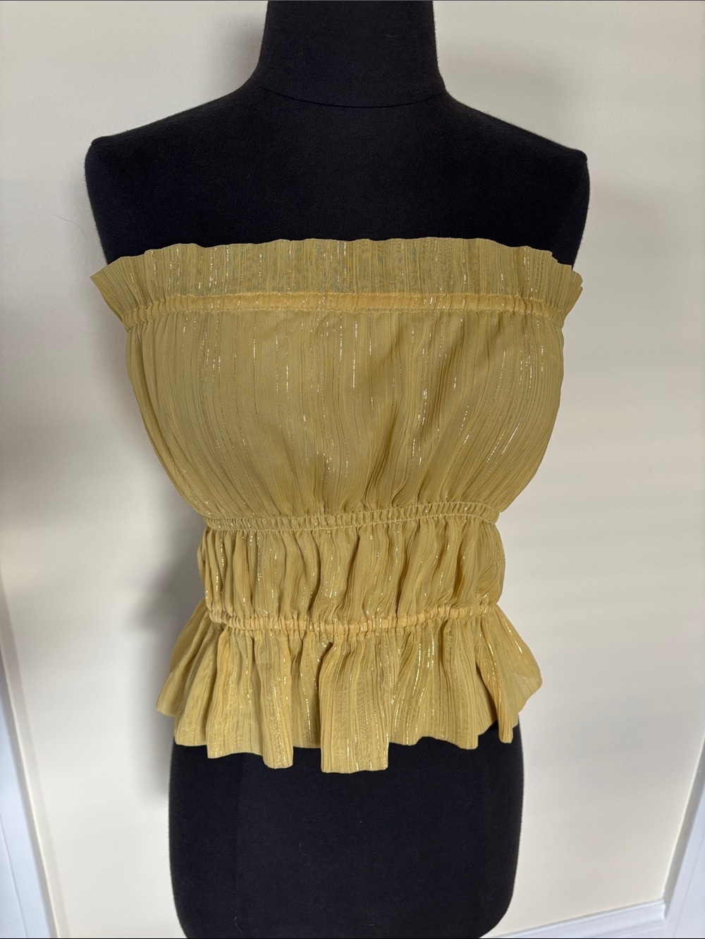 WAYF Strapless Ruffled Smocked Peplum Top - Yellow with Gold Metallic Detail